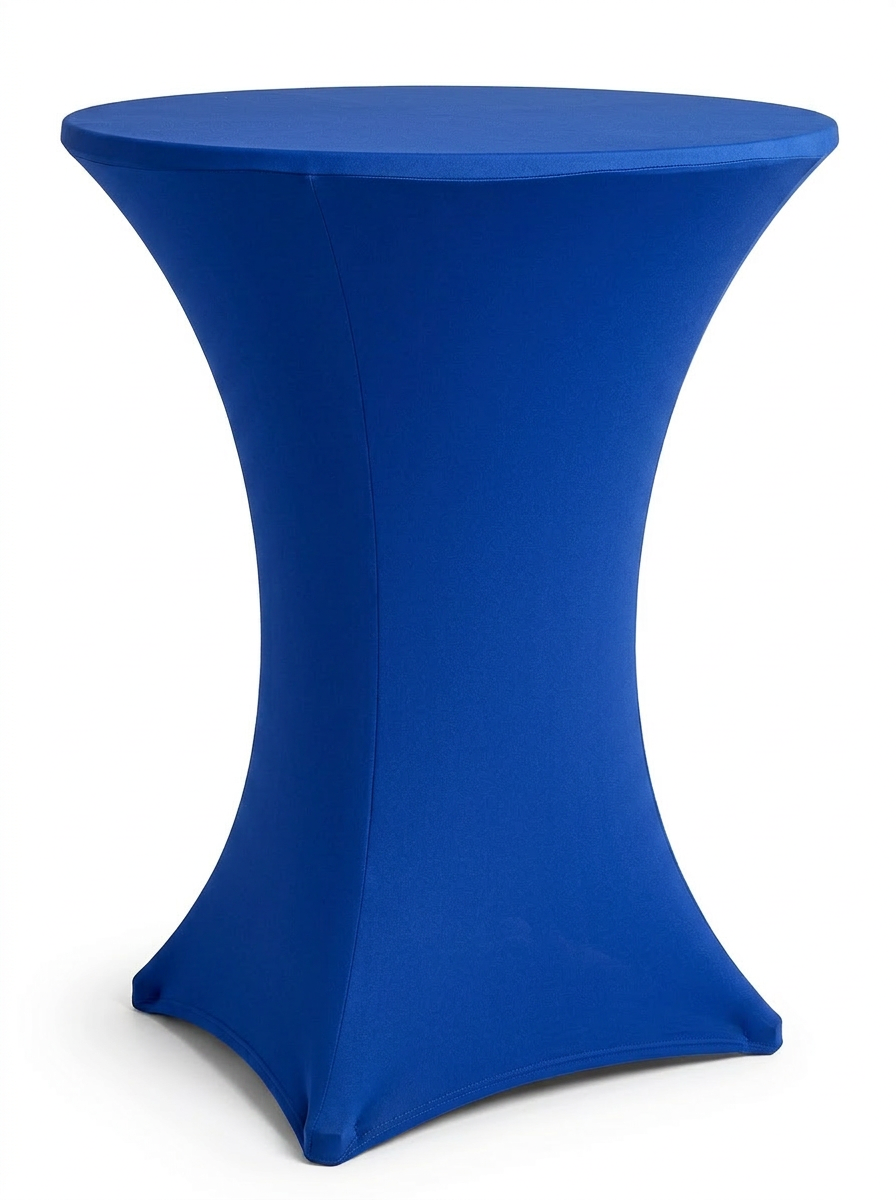 Royal blue spandex cocktail table cover rental on a high-top table in Hamilton