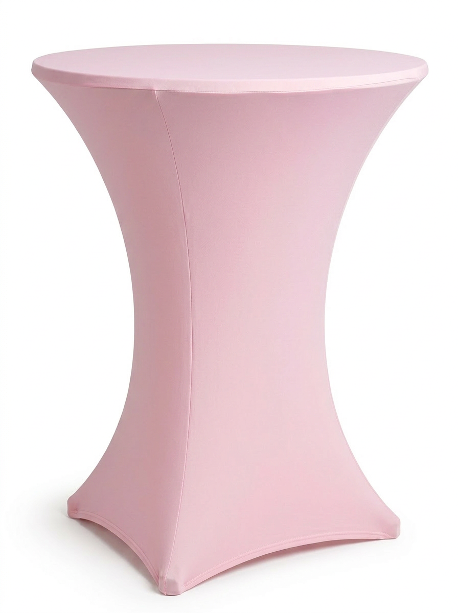 Soft pink spandex cocktail table cover rental on a high-top table in Hamilton