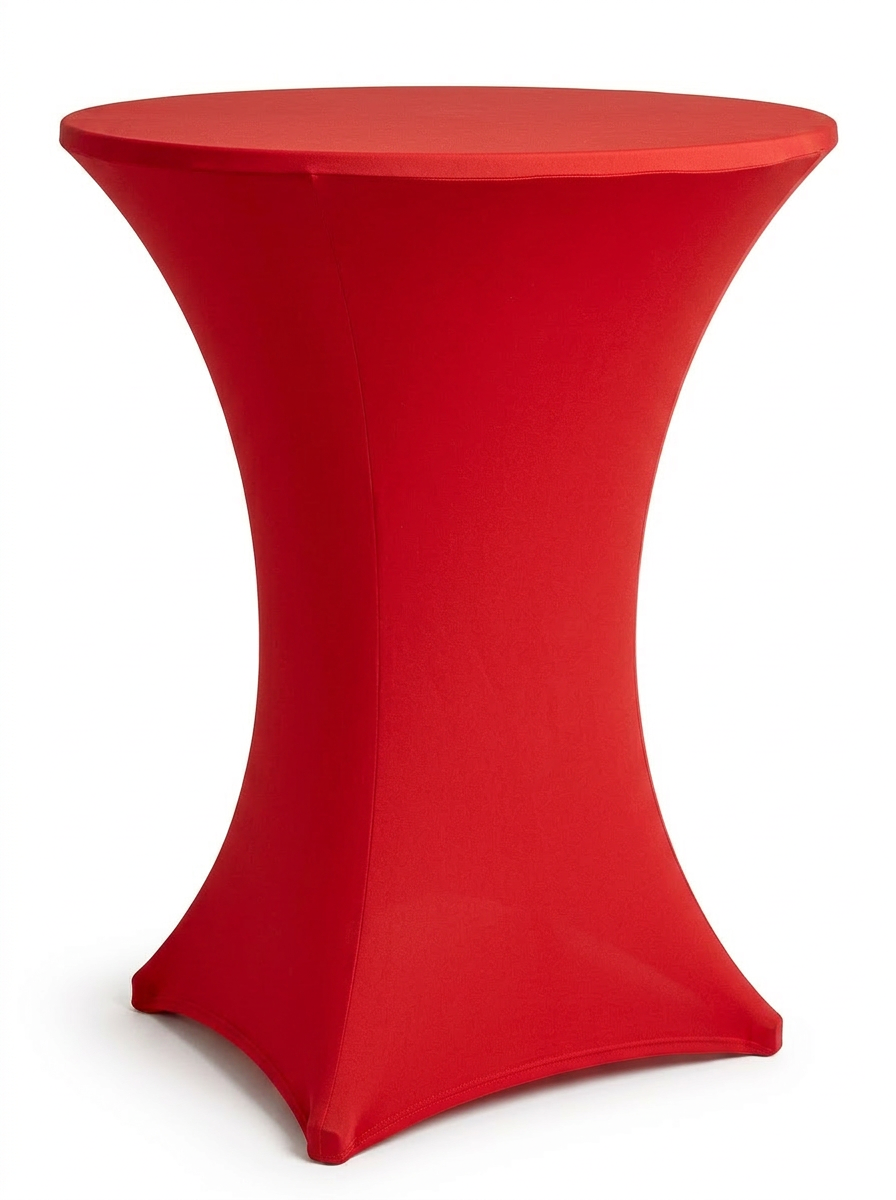 Red spandex cocktail table cover rental on a cocktail table in Hamilton