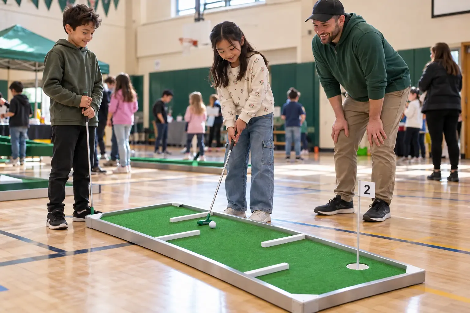 Concept image of kids putting on portable mini golf lanes in a school gym at a community event in Hamilton