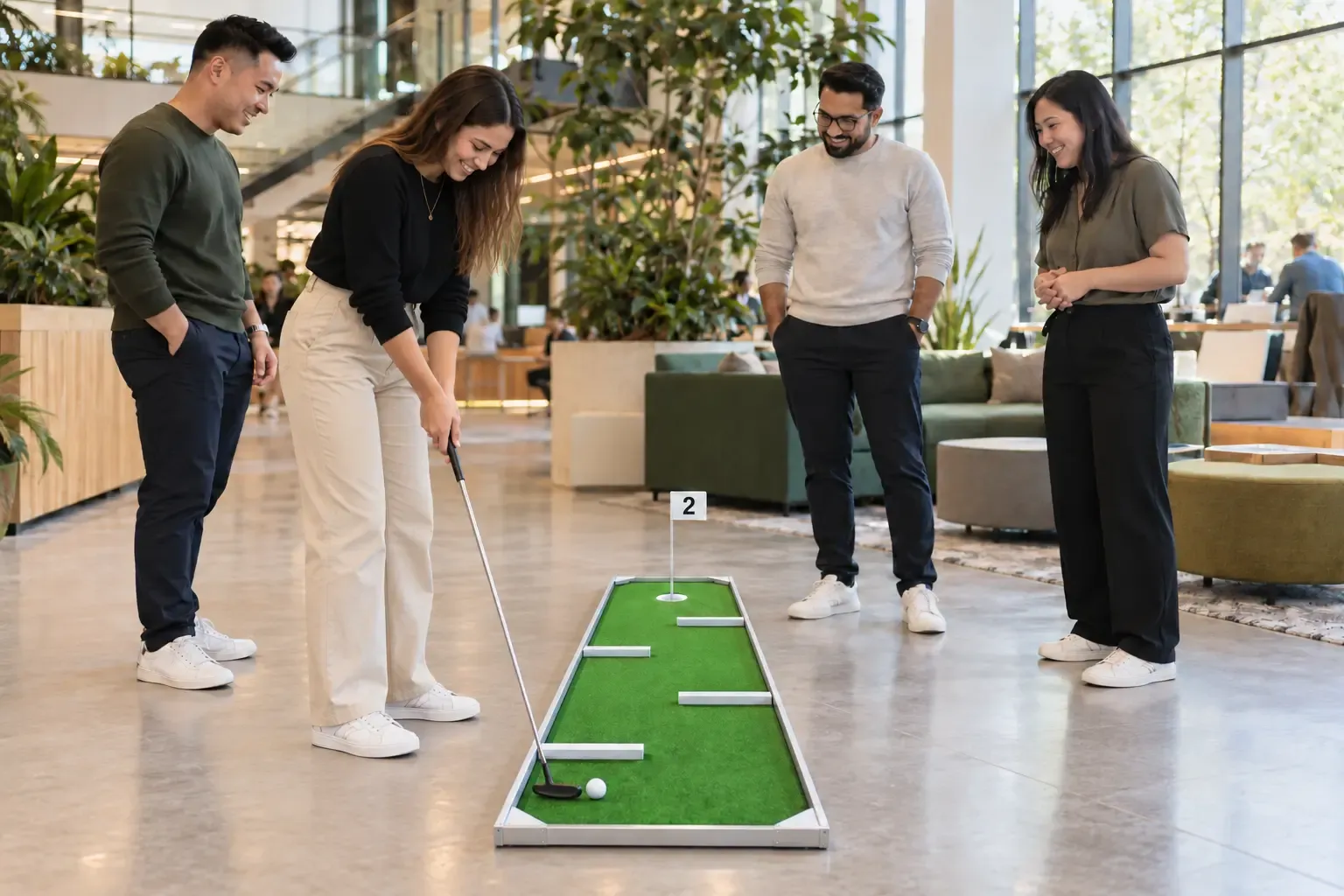 Concept image of coworkers putting on portable mini golf lanes in an office at a corporate team building event in Hamilton
