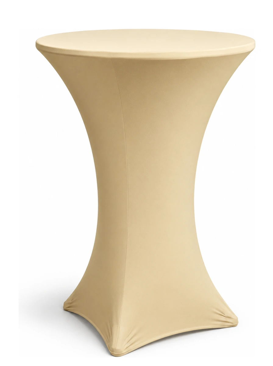 Champagne spandex cocktail table cover rental on a cocktail table in Hamilton