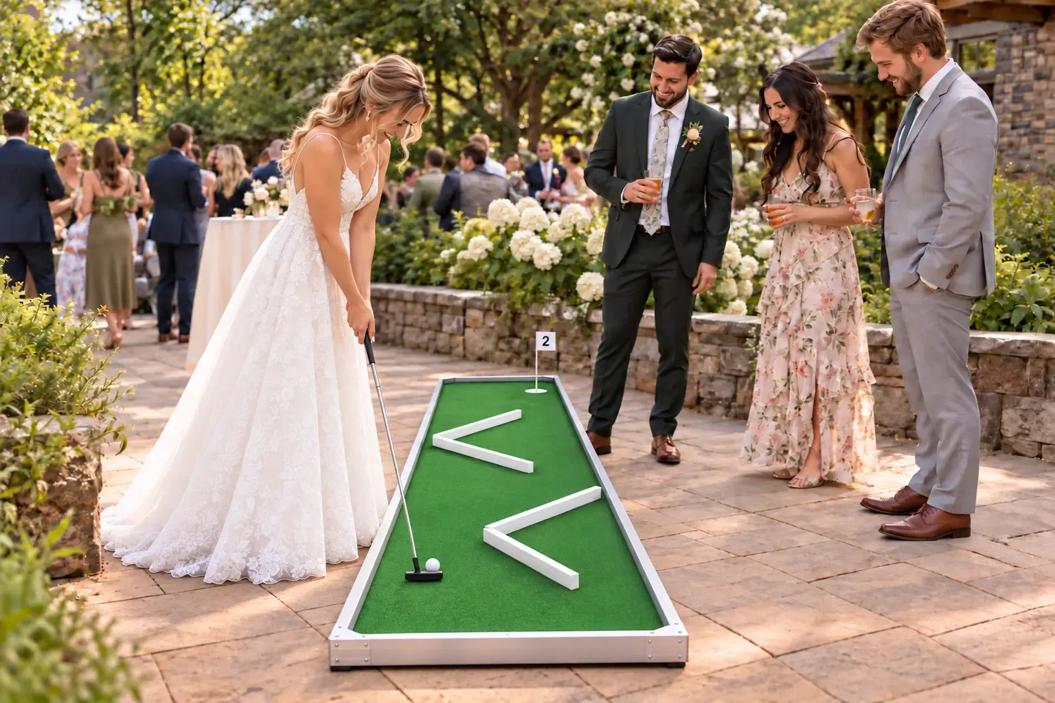 Concept image of a bride putting on a portable mini golf lane at a wedding reception in Hamilton
