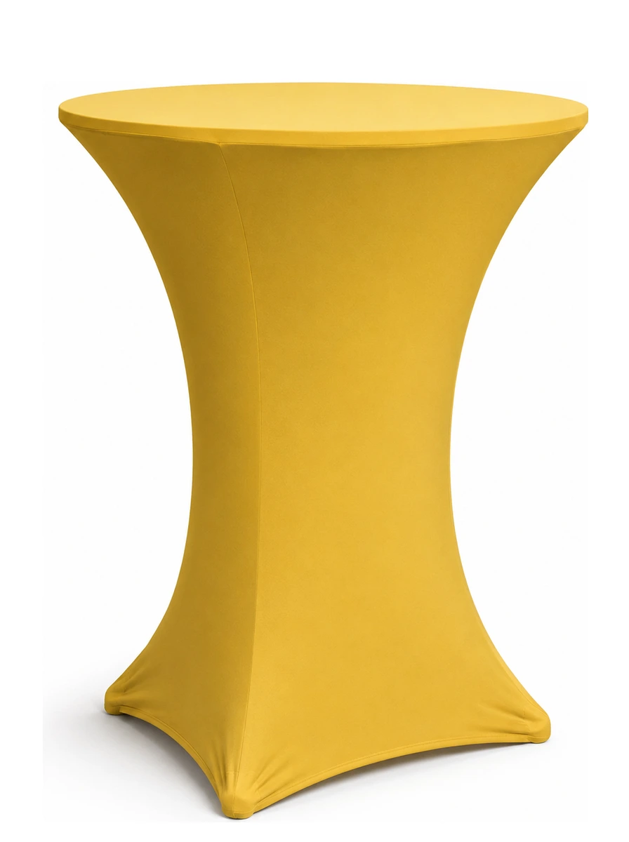 Gold spandex cocktail table cover rental on a cocktail table in Hamilton