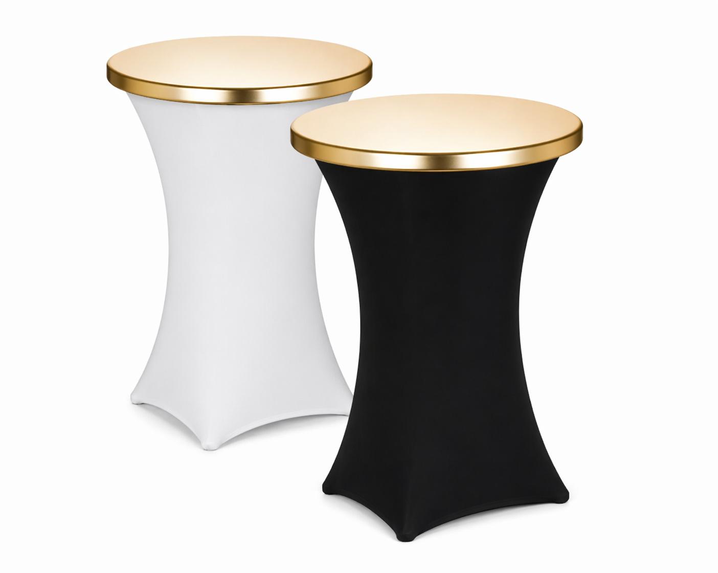 Metallic gold topper cap fitted on a thirty-two inch cocktail table