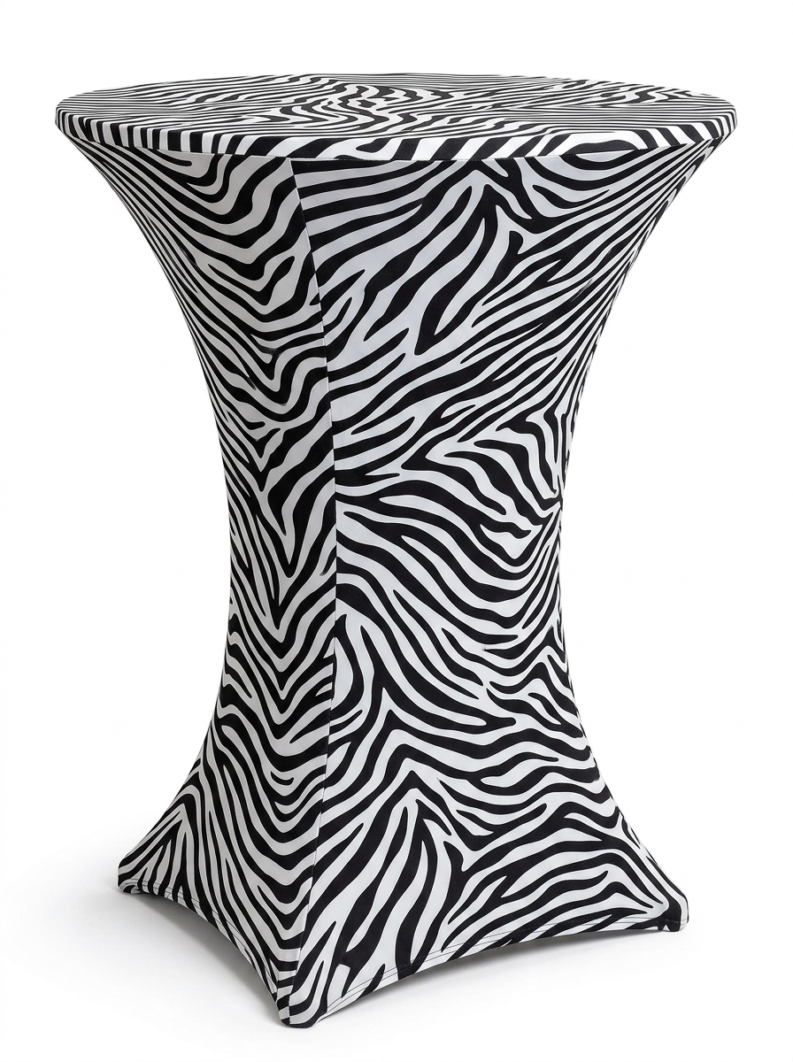 Zebra print spandex cocktail table cover rental on a cocktail table in Hamilton