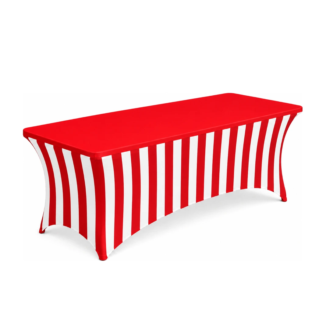Red and white striped carnival game table cover rental on a 6 foot table in Hamilton