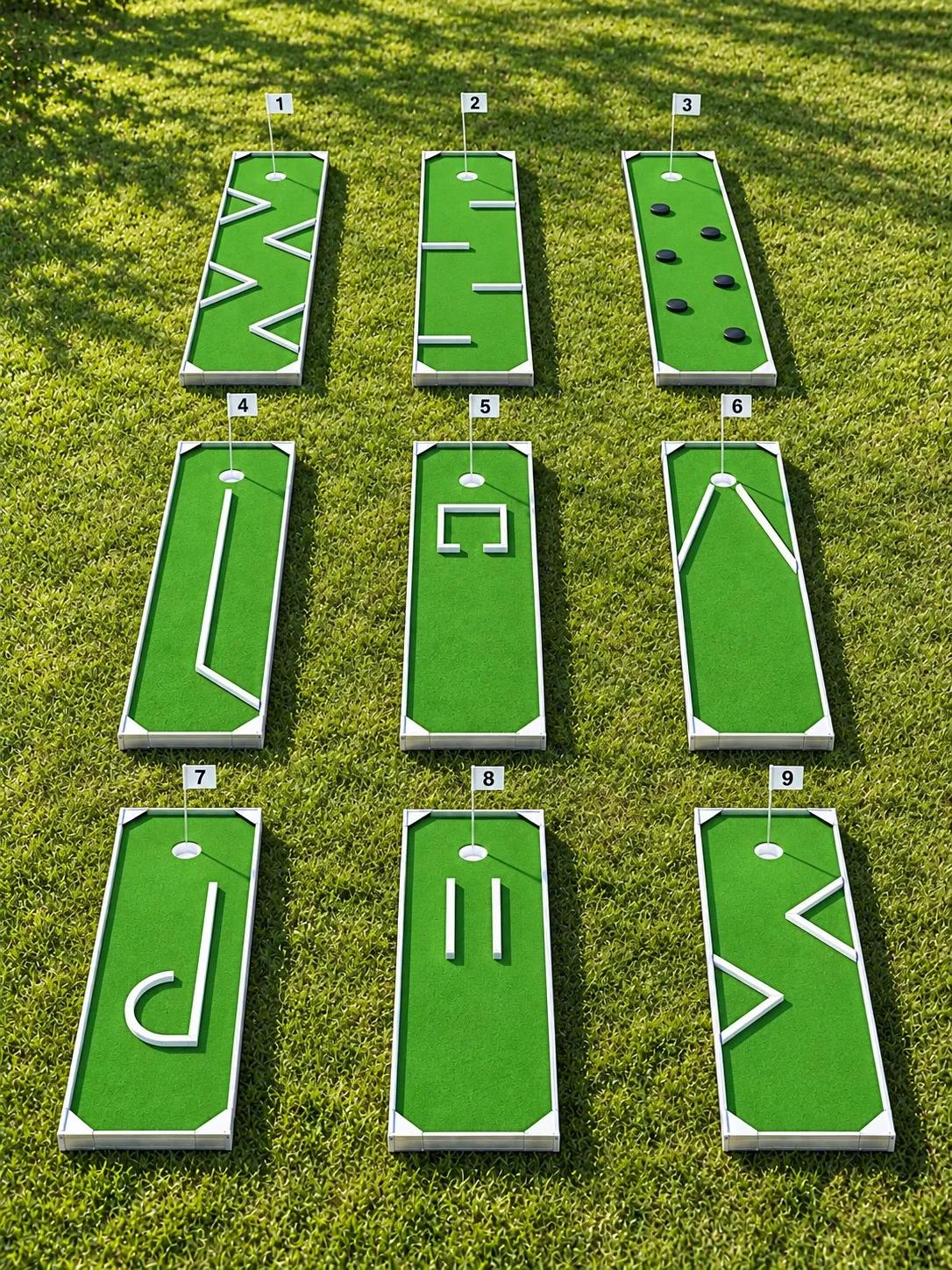 Concept image of all nine portable mini golf lanes on grass, holes 1 to 9, at an outdoor event in Hamilton