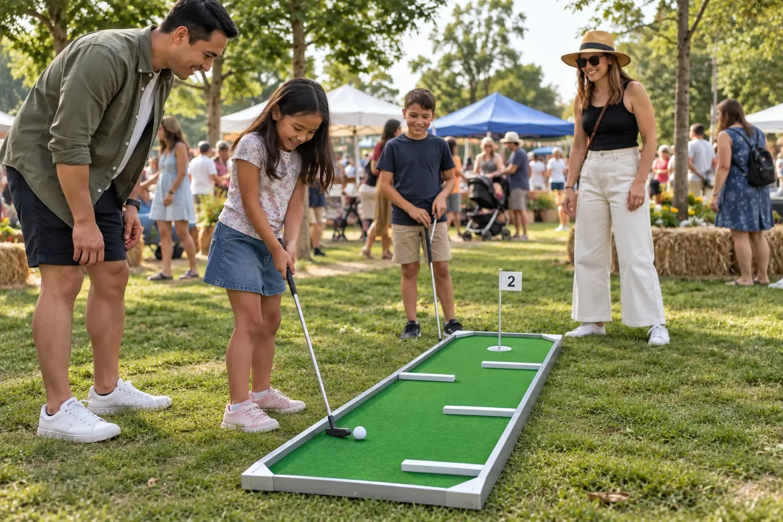 Concept image of a family playing portable mini golf at an outdoor festival fundraiser in Hamilton