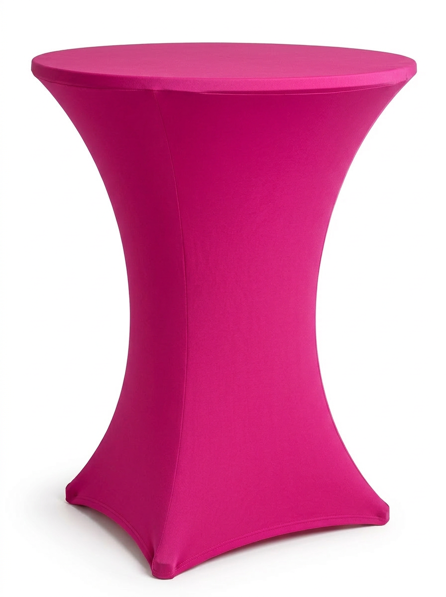 Fuchsia spandex cocktail table cover rental on a high-top table in Hamilton