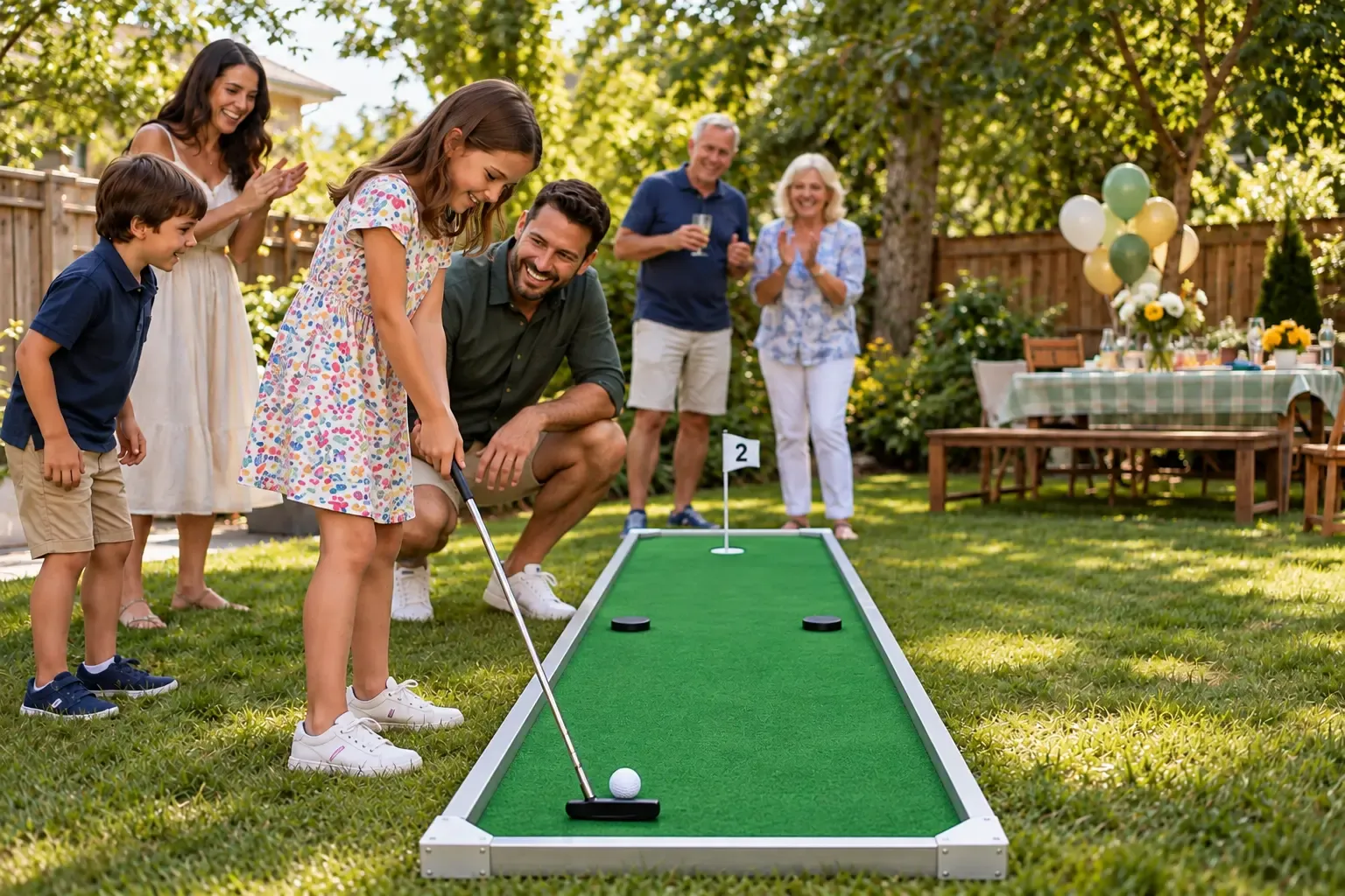 Concept image of a backyard birthday party with balloons and portable mini golf in Hamilton