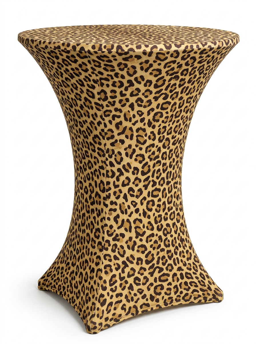 Leopard print spandex cocktail table cover rental on a cocktail table in Hamilton