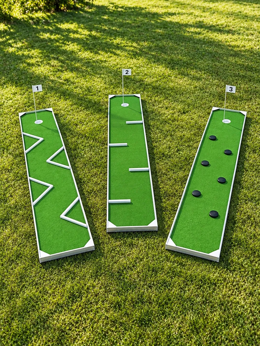 Concept image of a three-hole portable mini golf course on grass, holes 1 to 3, at a backyard party in Hamilton