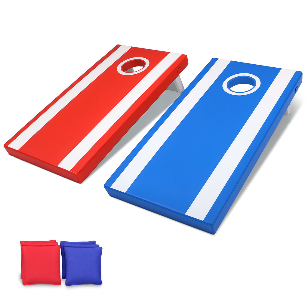 All-weather plastic cornhole board set in red and blue with bean bags