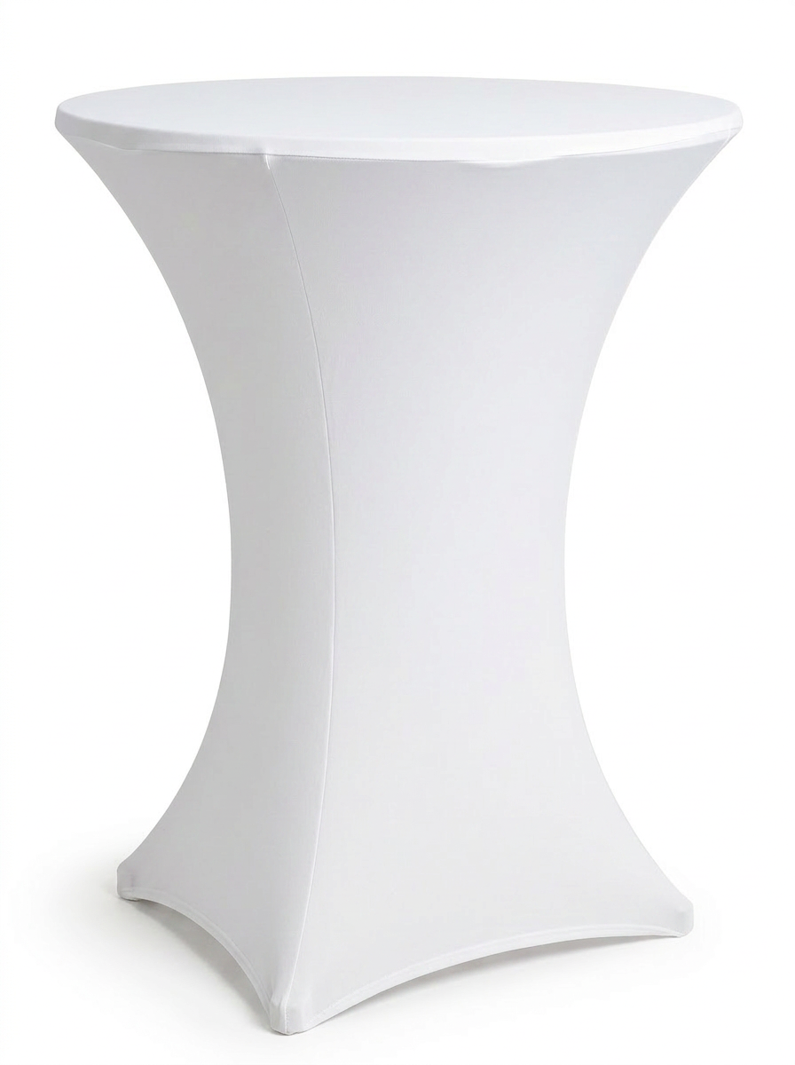 White spandex cocktail table cover rental on a cocktail table in Hamilton