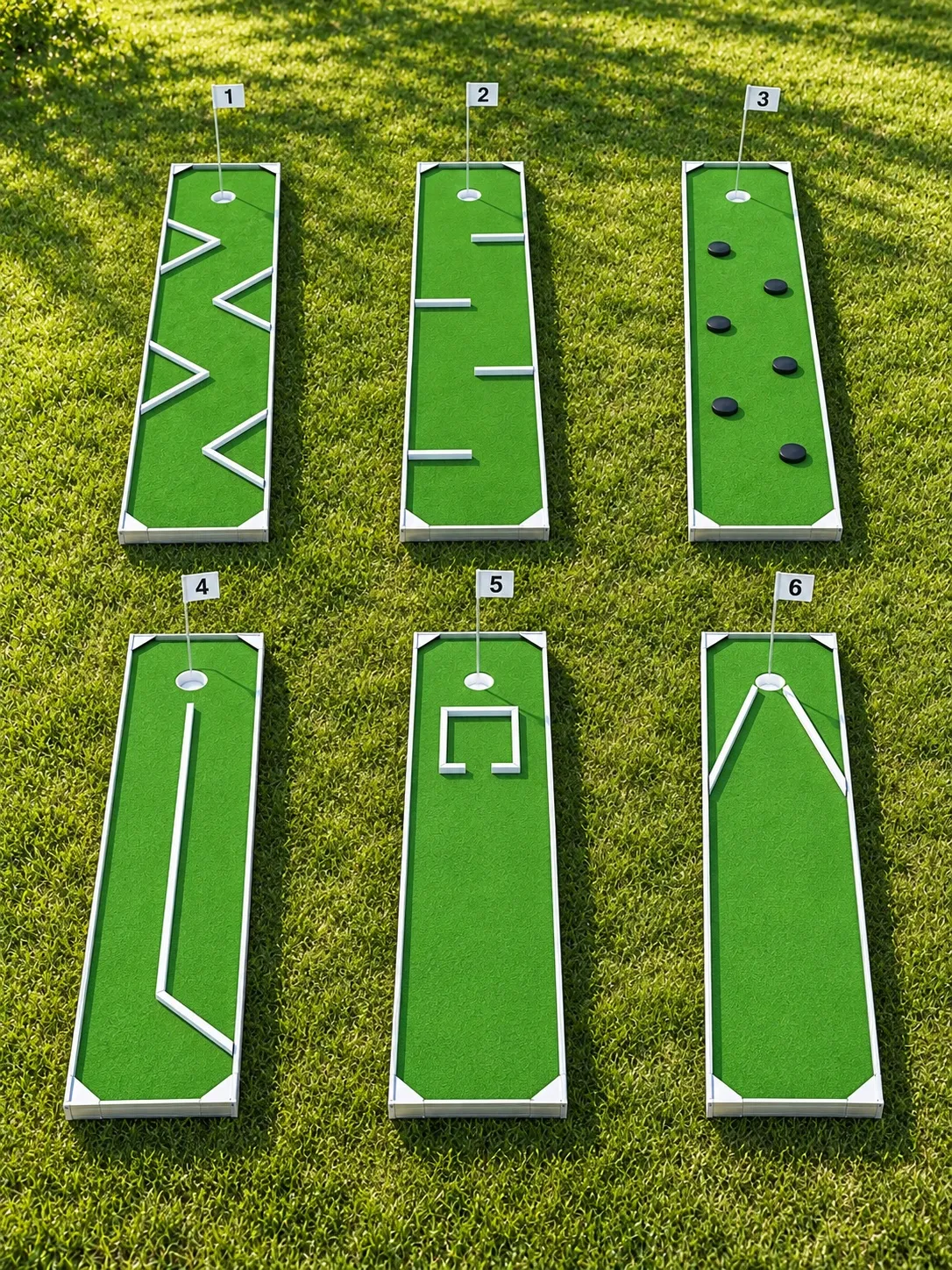 Concept image of a six-hole portable mini golf course on grass, holes 1 to 6, at a backyard party in Hamilton