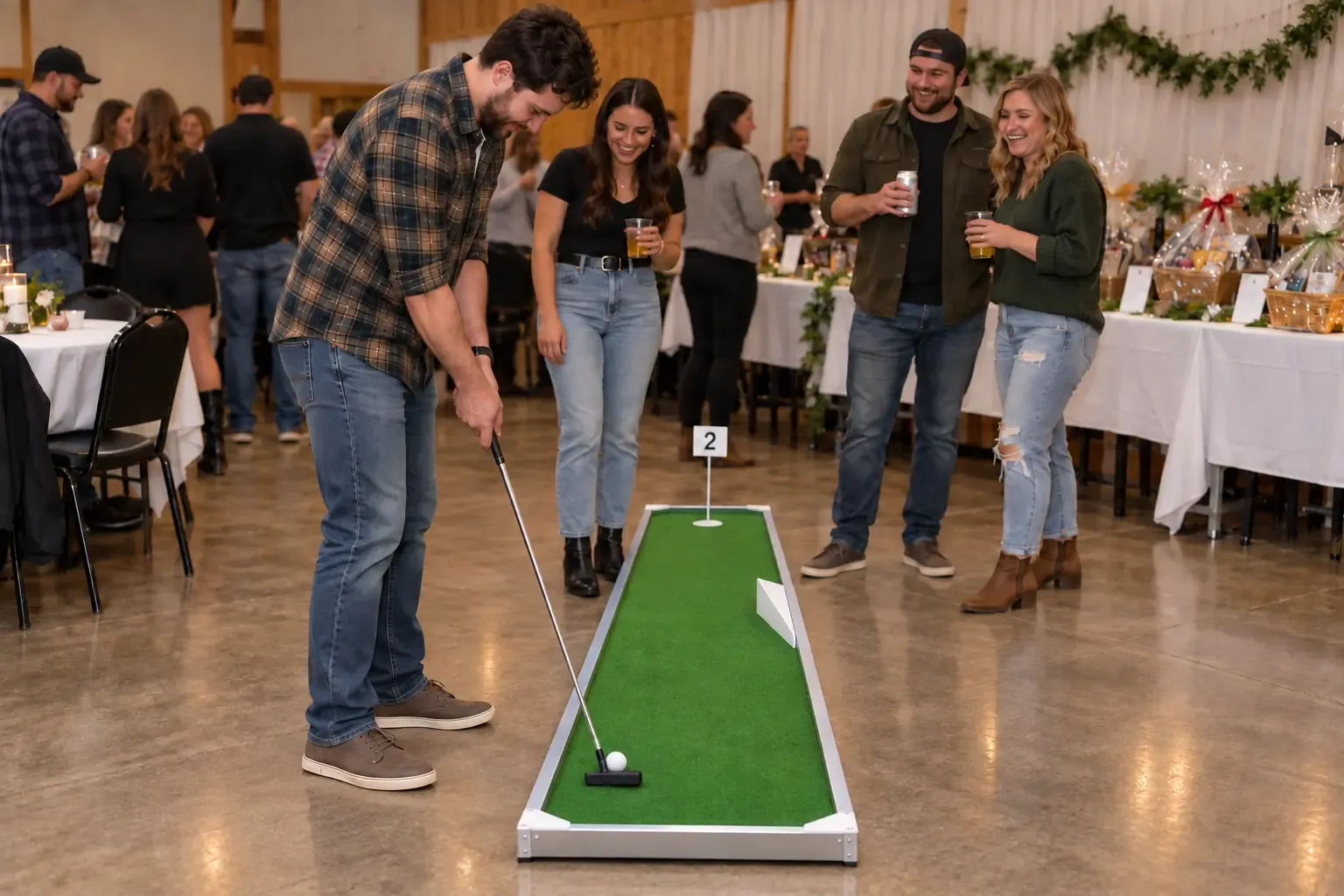 Concept image of guests playing portable mini golf at a stag and doe party in a hall with prize baskets, Hamilton