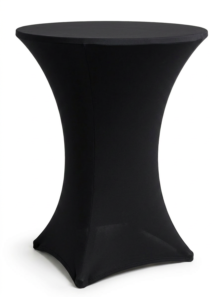 Black spandex cocktail table cover rental on a high-top table in Hamilton