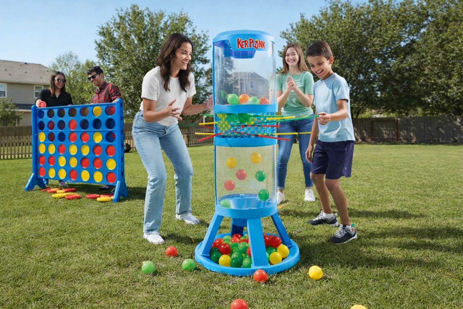 Lawn games set up on the grass at a backyard party