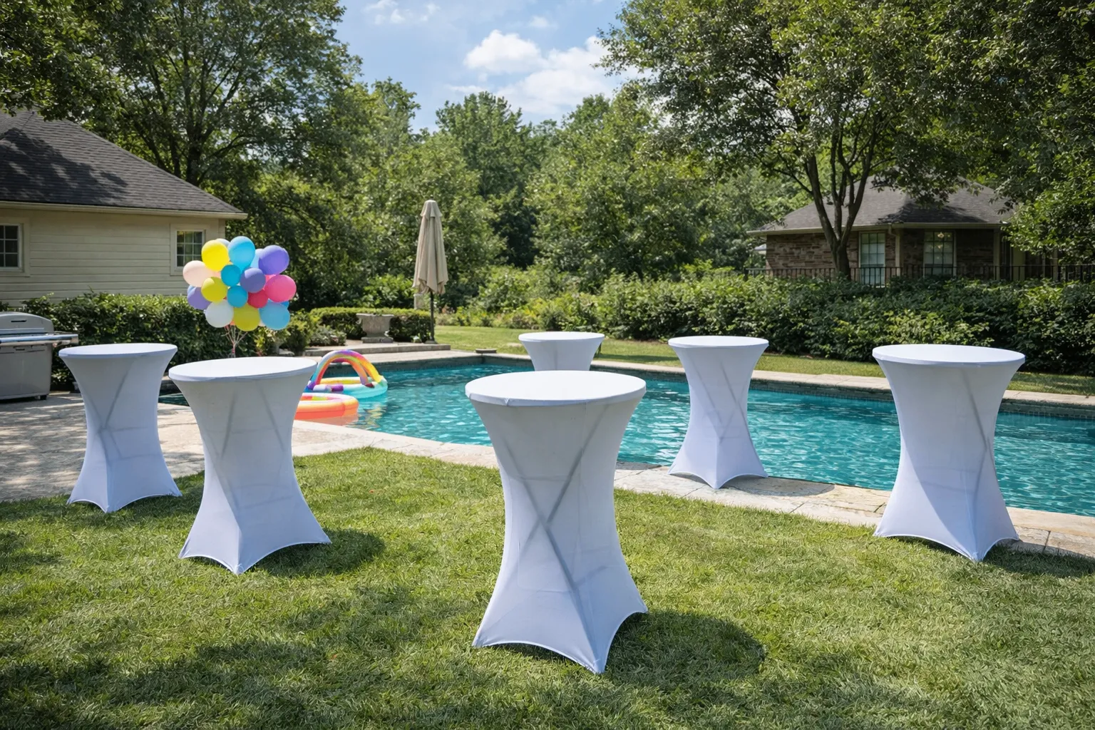 Tables draped with tablecloths and event add-ons