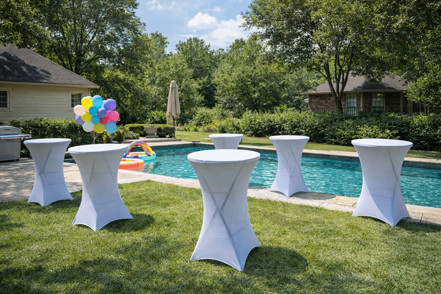 Tables draped with tablecloths and event add-ons