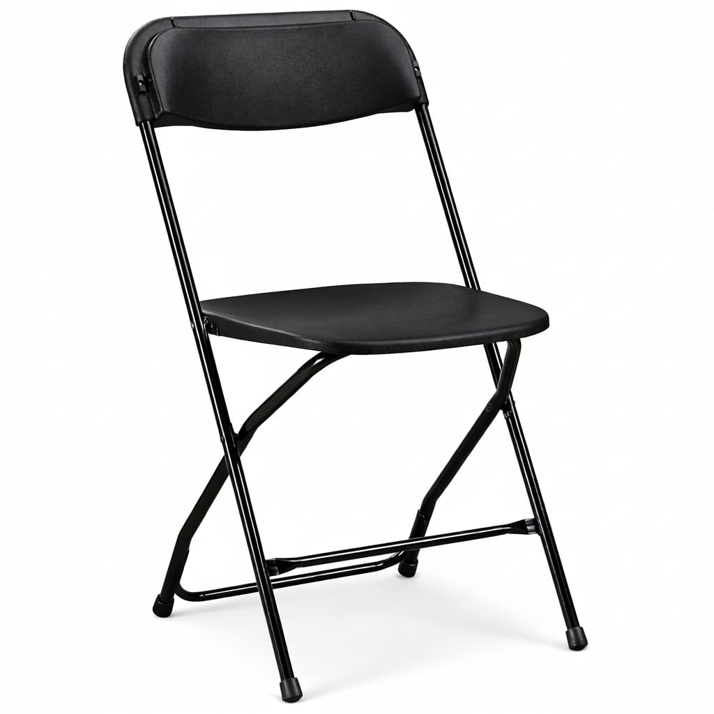 Black folding chair set up for an event