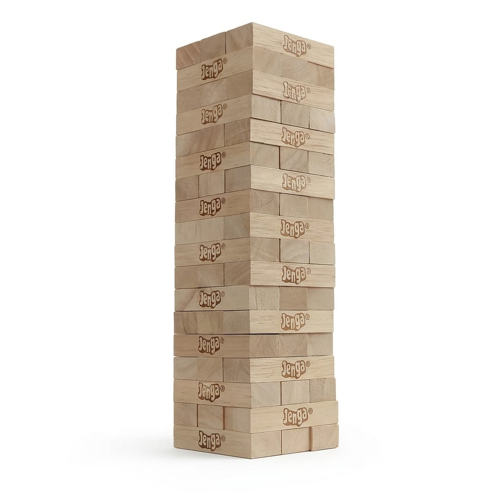 Giant Jenga tower stacking game on the grass