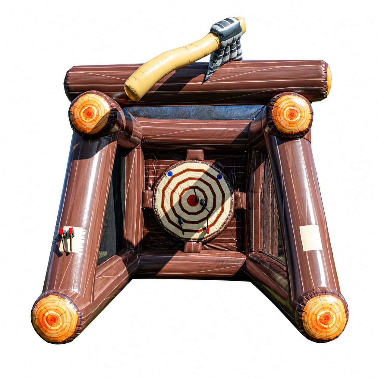 Inflatable axe throwing game rental with soft Velcro foam axes for events in Hamilton, Ontario