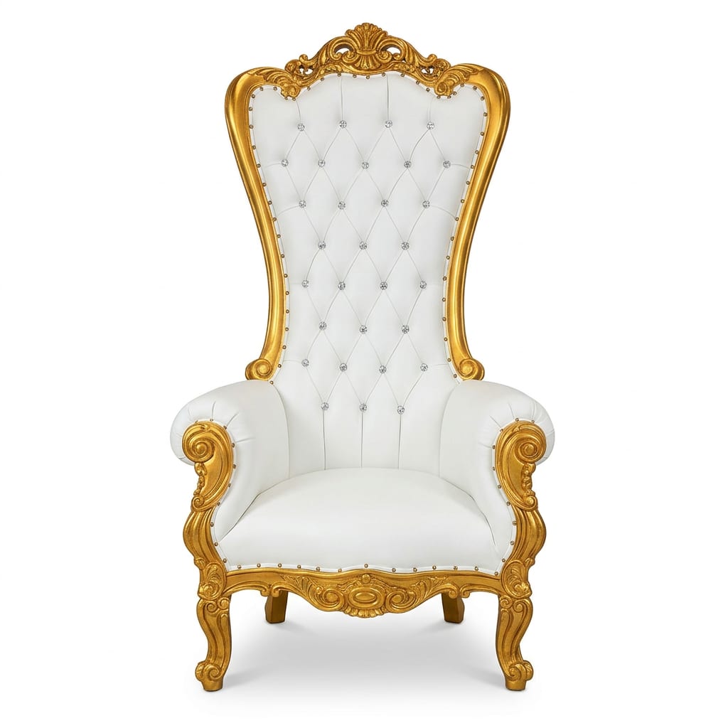White and gold royal throne chair for weddings and photo moments