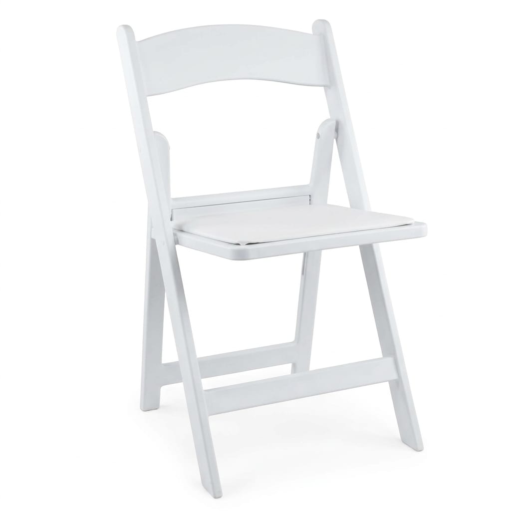 White resin padded folding chair for weddings and upscale events