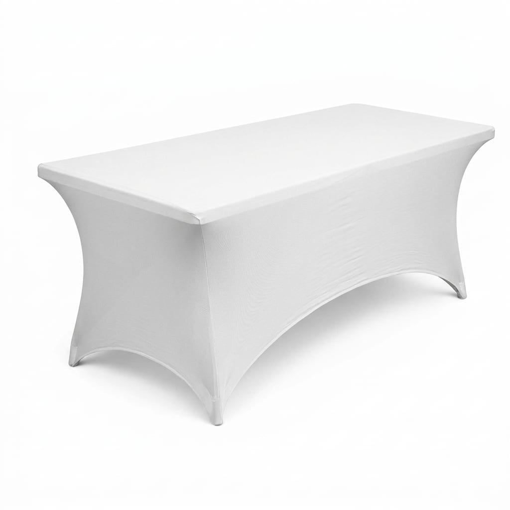 White spandex stretch cover on a six foot table